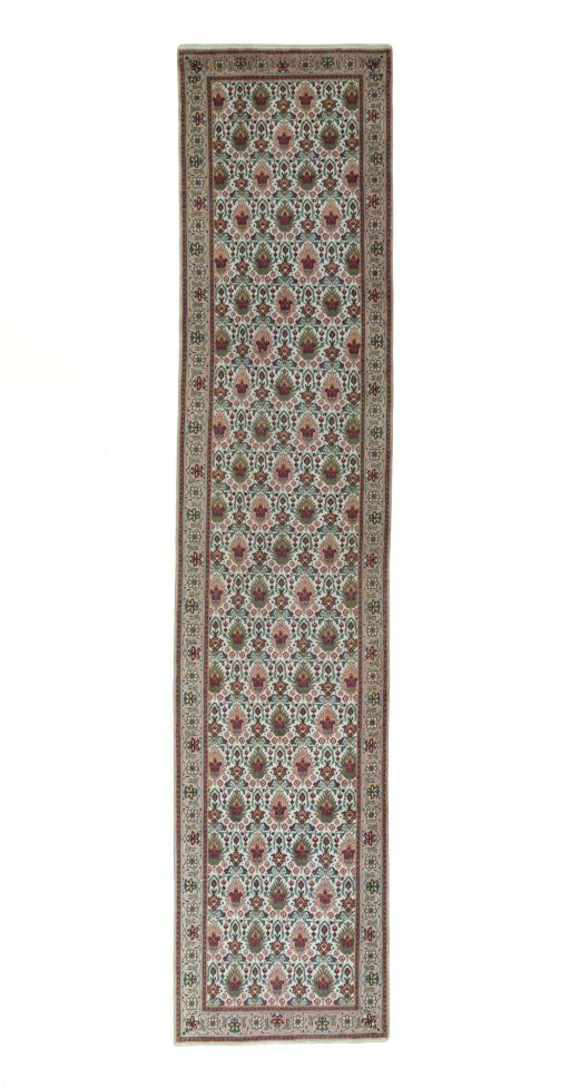 Full view of 2000s Tabriz rug from Iran / Persia, 398 × 86 cm in Beige tones