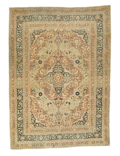 Full view of 1930s Tabriz rug from Iran / Persia, 190 × 137 cm in Beige tones