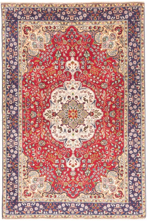 Full view of 1980s Tabriz rug from Iran / Persia, 147 × 98 cm in Red tones
