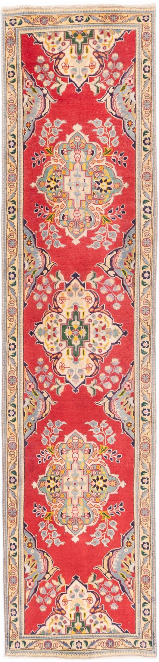 Full view of 2003s Tabriz rug from Iran / Persia, 340 × 76 cm in Red tones