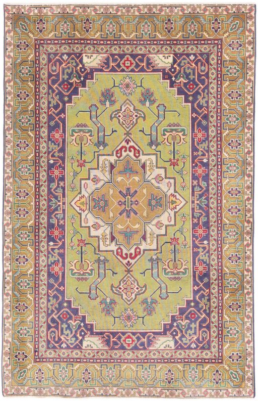 Full view of 1980s Tabriz rug from Iran / Persia, 147 × 93 cm in Green tones