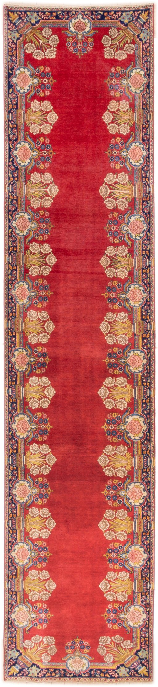 Full view of 1940s Tabriz rug from Iran / Persia, 452 × 95 cm in Red tones