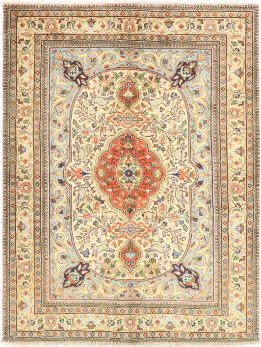 Full view of 1990s Tabriz rug from Iran / Persia, 195 × 145 cm in Cream tones