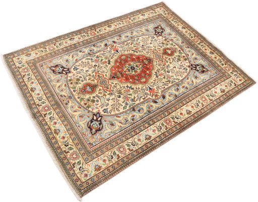 Close-up detail of 1990s Tabriz rug from Iran / Persia showing Wool weave