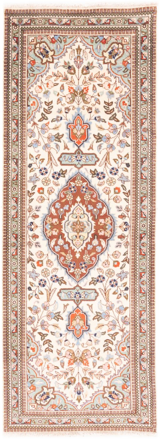 Full view of 2005s Tabriz rug from Iran / Persia, 217 × 76 cm in Cream tones