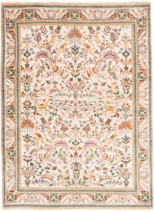 Full view of 1975s Tabriz rug from Iran / Persia, 134 × 100 cm in Cream tones