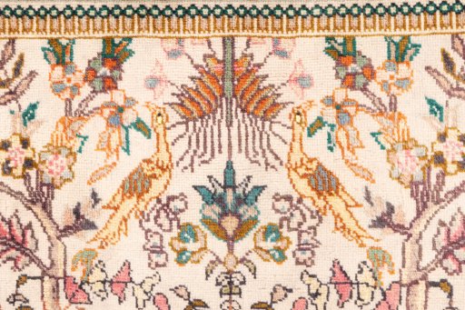 Full view of 1975s Tabriz rug from Iran / Persia, 134 × 100 cm in Cream tones