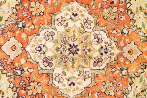 Full view of 1978s Tabriz rug from Iran / Persia, 242 × 143 cm in Cream tones