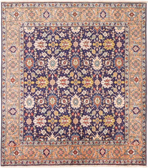 Full view of 1985s Tabriz rug from Iran / Persia, 225 × 205 cm in Dark blue tones