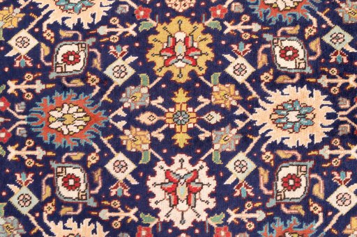Full view of 1985s Tabriz rug from Iran / Persia, 225 × 205 cm in Dark blue tones