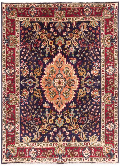 Full view of 2006s Tabriz rug from Iran / Persia, 147 × 107 cm in Dark blue tones