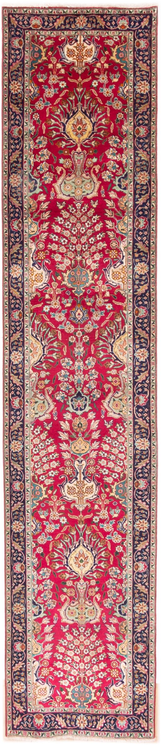 Full view of 2002s Tabriz rug from Iran / Persia, 425 × 85 cm in Red tones