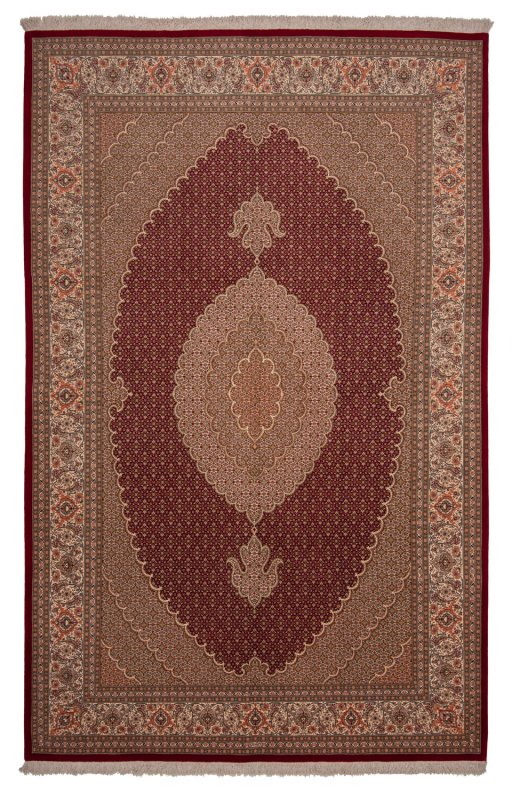Full view of New Tabriz rug from Iran / Persia, 316 × 201 cm in Red tones
