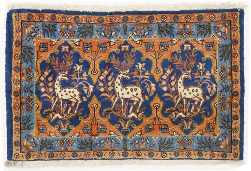 Full view of 1990s Tabriz rug from Iran / Persia, 85 × 55 cm in Blue tones