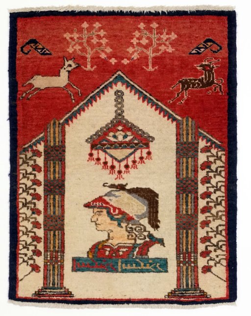 Full view of 1990s Tabriz rug from Iran / Persia, 87 × 67 cm in Multi Color tones
