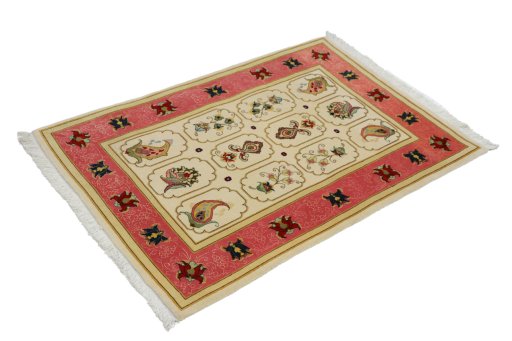 Corner detail of New Tabriz rug showing border pattern and Wool pile