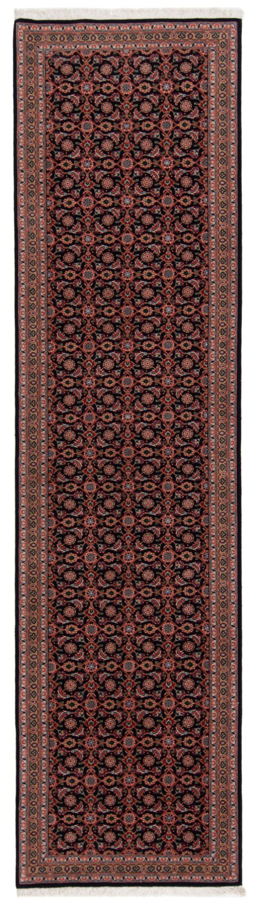 Full view of New Tabriz rug from Iran / Persia, 285 × 75 cm in Dark blue tones