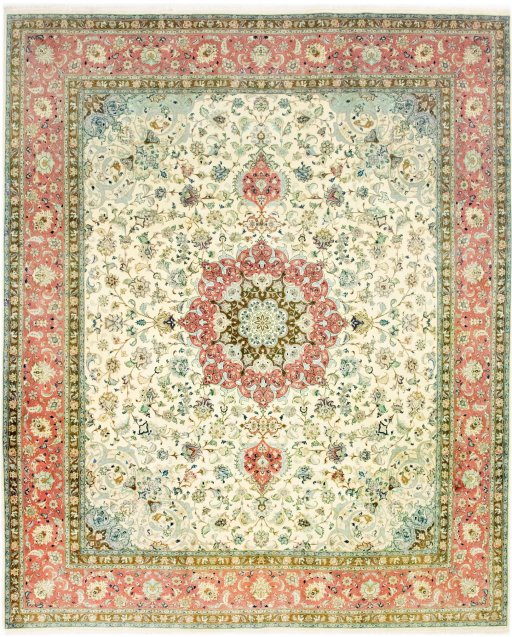 Full view of 2019s Tabriz rug from Iran / Persia, 290 × 242 cm in Beige tones