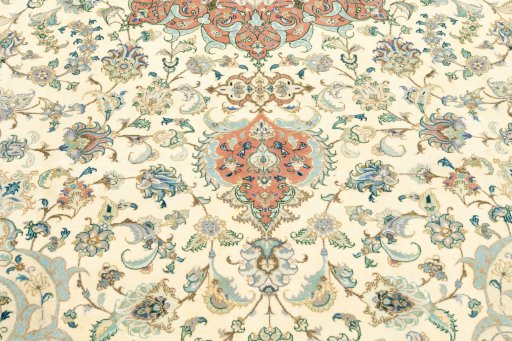 Corner detail of 2019s Tabriz rug showing border pattern and Wool pile