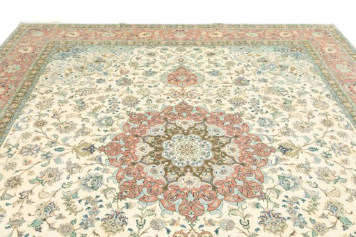 Full view of 2019s Tabriz rug from Iran / Persia, 290 × 242 cm in Beige tones