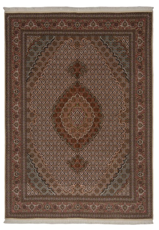 Full view of New Tabriz rug from Iran / Persia, 243 × 175 cm in Beige tones