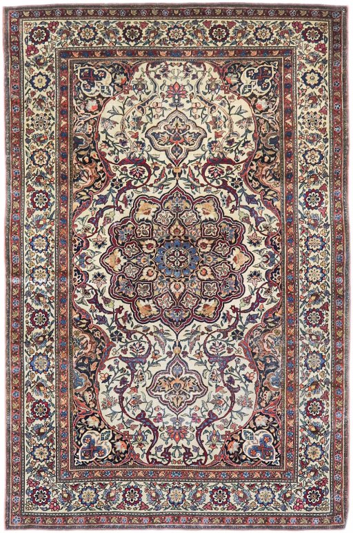 Full view of 1900s Tehran rug from Iran / Persia, 207 × 135 cm in Cream tones