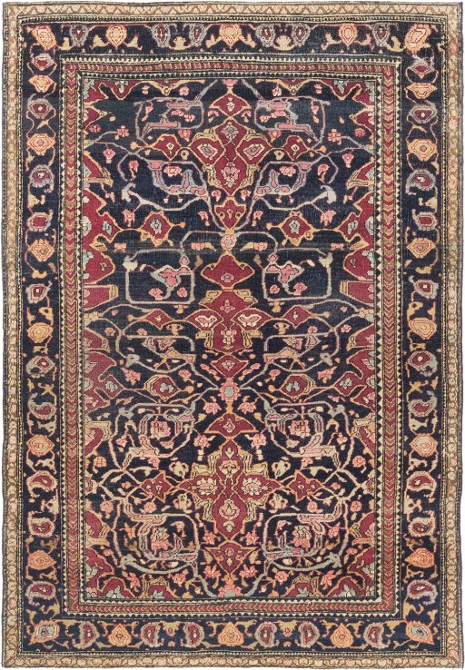 Full view of 1900s Tehran rug from Iran / Persia, 195 × 132 cm in Dark blue tones