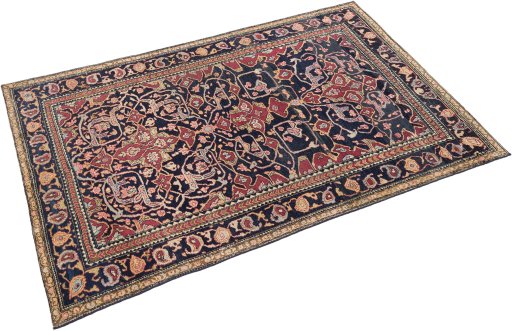 Corner detail of 1900s Tehran rug showing border pattern and Wool pile