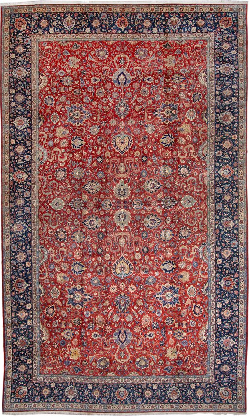 Full view of 1950s Tehran rug from Iran / Persia, 660 × 396 cm in Red tones