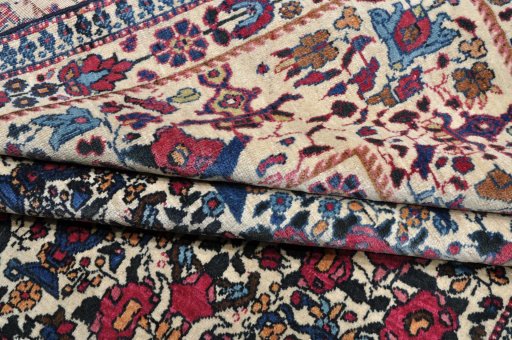 Full view of 1930s Tehran rug from Iran / Persia, 220 × 155 cm in Beige tones