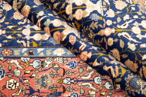 Full view of 1940s Varamin rug from Iran / Persia, 212 × 146 cm in Blue tones