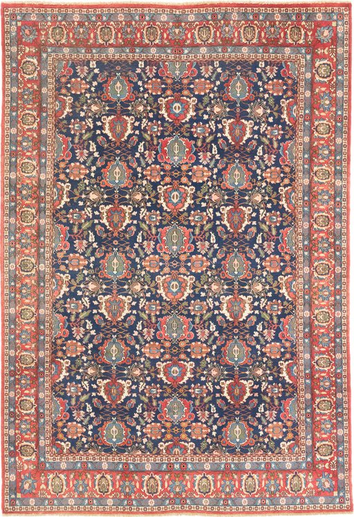 Full view of 1950s Varamin rug from Iran / Persia, 295 × 201 cm in Dark blue tones
