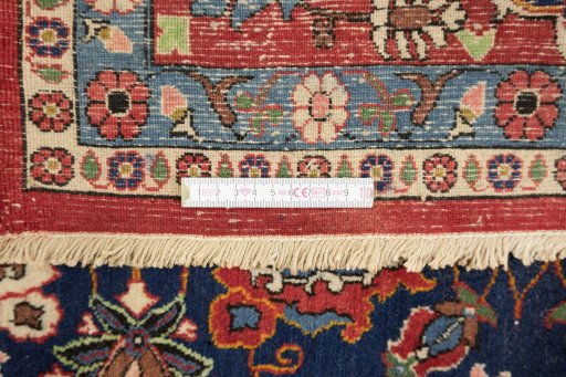 Full view of 1950s Varamin rug from Iran / Persia, 295 × 201 cm in Dark blue tones