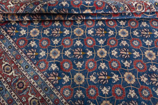 Full view of 1950s Varamin rug from Iran / Persia, 370 × 251 cm in Blue tones