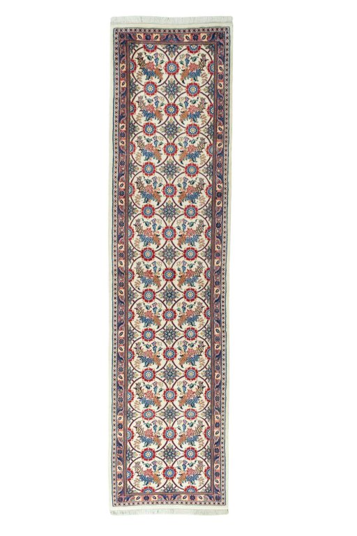 Full view of New Varamin rug from Iran / Persia, 293 × 74 cm in Beige tones
