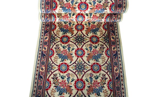 Full view of New Varamin rug from Iran / Persia, 293 × 74 cm in Beige tones
