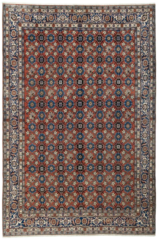 Full view of 1950s Varamin rug from Iran / Persia, 313 × 210 cm in Red tones