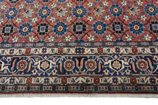 Full view of 1950s Varamin rug from Iran / Persia, 313 × 210 cm in Red tones