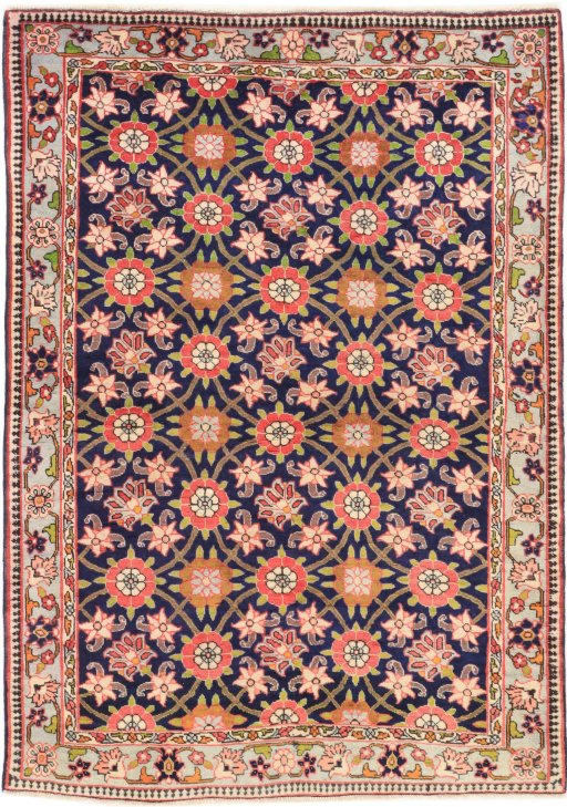 Full view of 1980s Varamin rug from Iran / Persia, 150 × 104 cm in Blue tones