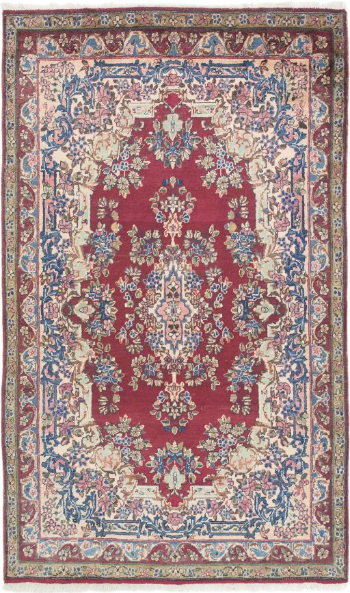 Full view of 1950s Yazd rug from Iran / Persia, 227 × 135 cm in Red tones