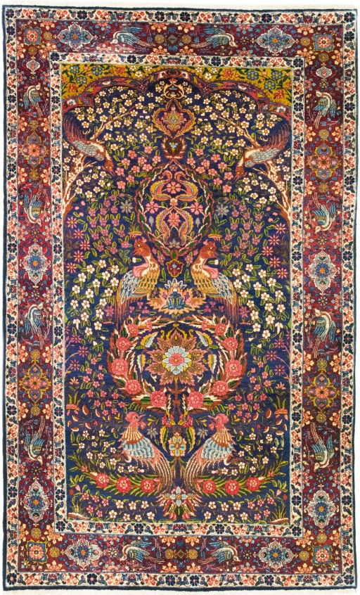 Full view of 1920s Yazd rug from Iran / Persia, 240 × 147 cm in Dark blue tones
