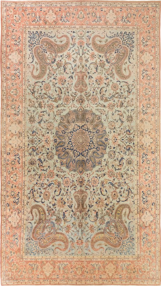 Full view of 1950s Yazd rug from Iran / Persia, 540 × 303 cm in Blue tones