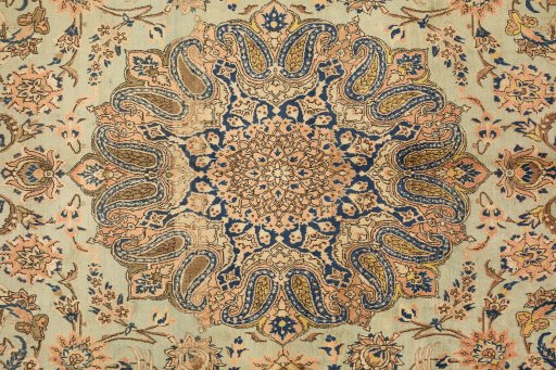 Backside of handmade 1950s Yazd rug showing knot structure and weave density