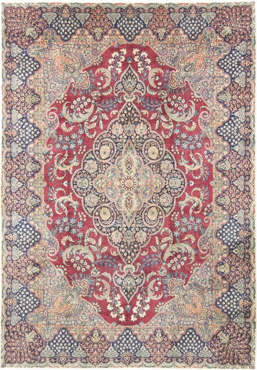 Full view of 1930s Yazd rug from Iran / Persia, 422 × 300 cm in Dark red tones
