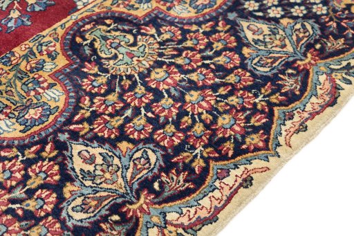 Full view of 1930s Yazd rug from Iran / Persia, 422 × 300 cm in Dark red tones