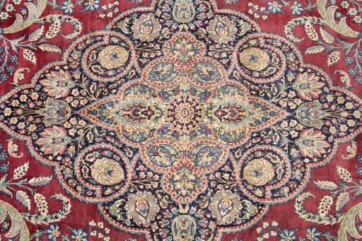 Close-up detail of 1930s Yazd rug from Iran / Persia showing Wool weave