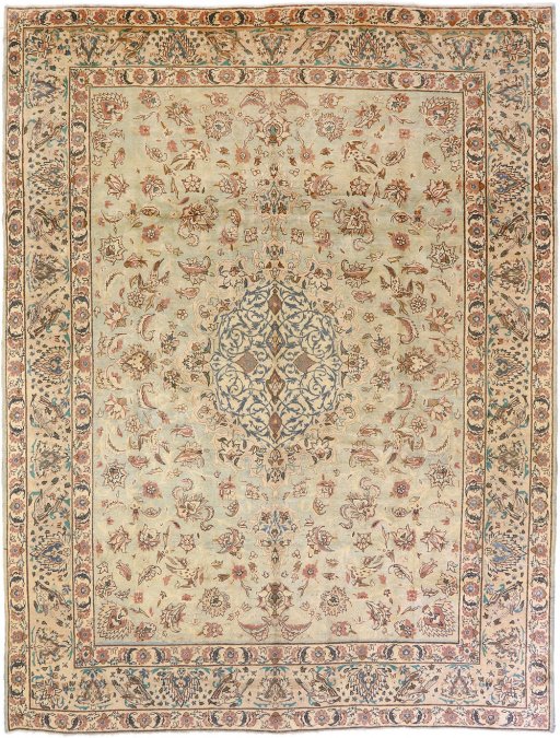 Full view of 1930s Yazd rug from Iran / Persia, 400 × 300 cm in Blue tones