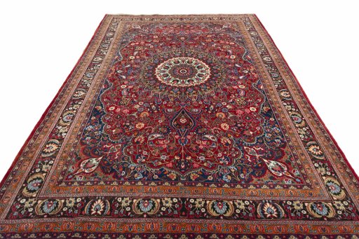 Surface texture of 2000s Yazd rug with natural Wool and intricate pattern