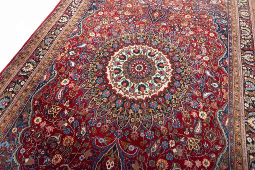Backside of handmade 2000s Yazd rug showing knot structure and weave density