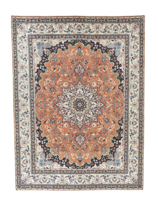 Full view of 2000s Yazd rug from Iran / Persia, 392 × 295 cm in Red tones
